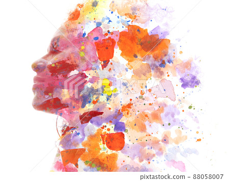 Paintography. Abstract painting combined with a portrait of a woman Paintography. Abstract painting combined with a portrait of a woman 88058007