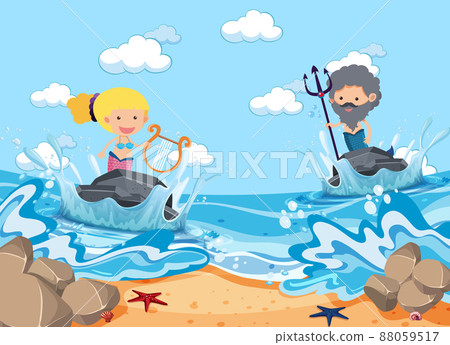 A water splash scene with mermaid on a stone A water splash scene with mermaid on a stone 88059517