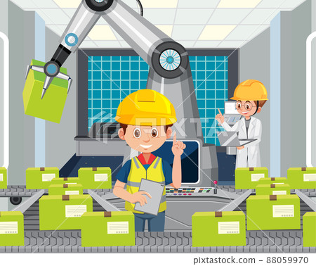 Automation industry concept with assembly line robots Automation industry concept with assembly line robots 88059970