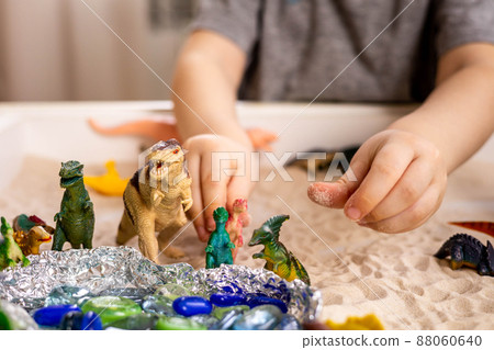 Closeup baby boy hands playing carnivorous and herbivorous dinosaurs with kinetic sand sensory box Closeup baby boy hands playing carnivorous and herbivorous dinosaurs with kinetic sand sensory box 88060640