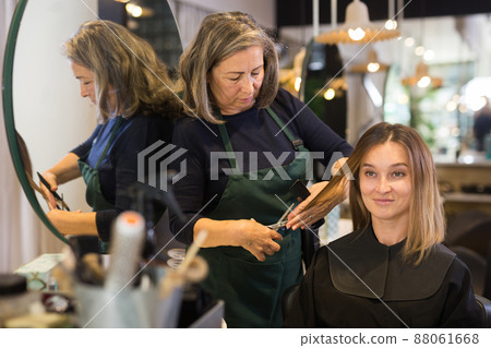 Young woman getting haircutting by elderly female hairdresser 88061668
