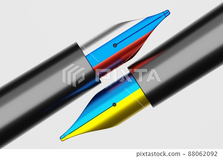 3D rendering Fountain pen Ukraine and Russia flag pattern color, Diplomacy and Press crisis war concept design illustration isolated on white background with copy space 88062092