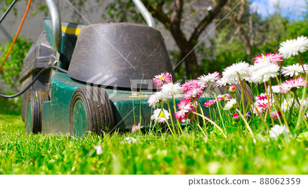 Yard maintenance concept with lawn mower Yard maintenance concept with lawn mower 88062359