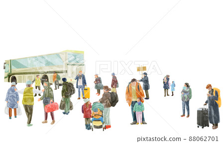 撤離人員在巴士上排隊的手繪水彩風格插圖 88062701