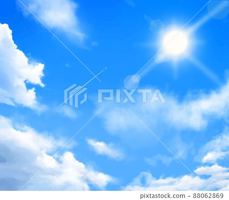 美麗的初夏框架背景材料，其中凝結尾跡在藍天白雲中飛翔 88062869