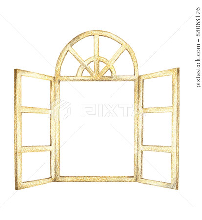 Open Western-style wooden window hand-painted colored pencil drawing 88063126