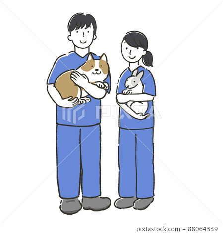 Male and female veterinarians holding dogs and rabbits 88064339