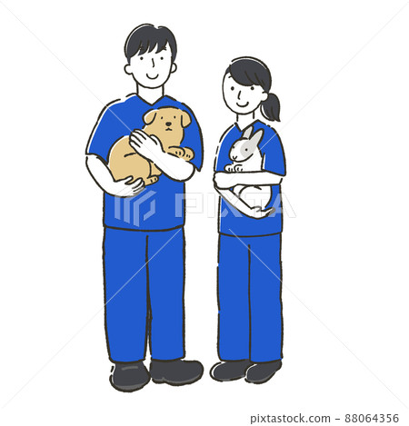 Male and female veterinarians holding dogs and rabbits 88064356