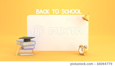 Back to school cartoon banner. White empty blackboard with stack books, graduation cap, ladder, bell and alarm clock on yellow background. Concept of growth or online education, 3d render illustration Back to school cartoon banner. White empty blackboard with stack books, graduation cap, ladder, bell and alarm clock on yellow background. Concept of growth or online education, 3d render illustration 88064779