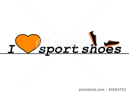 I love sport shoes. Text, slogan. A pair of sneakers, gym shoes and a heart. Isolated vector illustration on white background. Flat style. 88064793