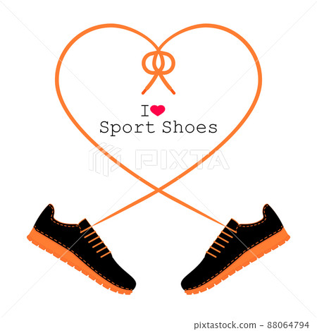 A pair of sneakers and a heart shaped shoelaces. A pair of gym shoes with long laces. I love sport shoes. Isolated vector illustration on white background. Flat style. A pair of sneakers and a heart shaped shoelaces. A pair of gym shoes with long laces. I love sport shoes. Isolated vector illustration on white background. Flat style. 88064794