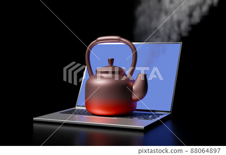 在完全運行時發熱的筆記本電腦上用水壺燒開水 在完全運行時發熱的筆記本電腦上用水壺燒開水 88064897