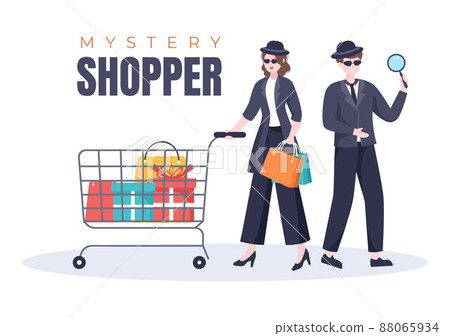 Mystery Shopper with Bags in Sunglasses, Magnifier, Spy Coats and Hats in Flat Cartoon Style Illustration Mystery Shopper with Bags in Sunglasses, Magnifier, Spy Coats and Hats in Flat Cartoon Style Illustration 88065934