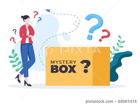 Mystery Gift Box and Confused Woman a Cardboard Box Open Inside with a Question Mark, Lucky Gift or Other Surprise in Flat Cartoon Style Illustration 88065938
