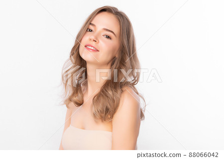 Beautiful young woman with clean fresh skin on white background, Face care, Facial treatment, 88066042