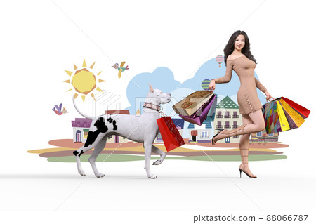 一個時尚的黑髮女人,提著很多購物袋。 一個時尚的黑髮女人,提著很多購物袋。 88066787