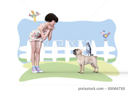 一個帶著鮑勃的小女孩在插圖背景前互相凝視,背景是一隻法國鬥牛犬和一隻貓。 一個帶著鮑勃的小女孩在插圖背景前互相凝視,背景是一隻法國鬥牛犬和一隻貓。 88066788