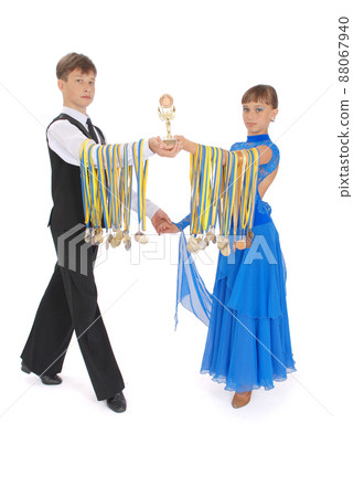 Many gold, silver, and bronze medals winner ballroom dance boy and girl Many gold, silver, and bronze medals winner ballroom dance boy and girl 88067940