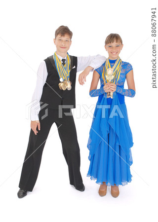 Many gold, silver, and bronze medals winner ballroom dance boy and girl Many gold, silver, and bronze medals winner ballroom dance boy and girl 88067941