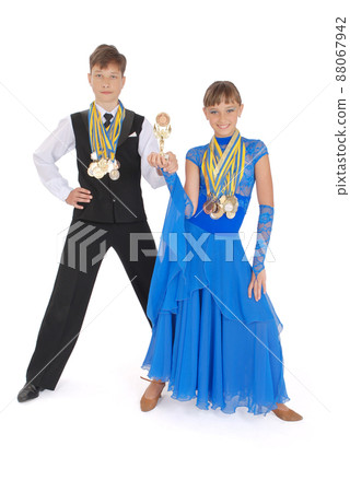 Many gold, silver, and bronze medals winner ballroom dance boy and girl 88067942