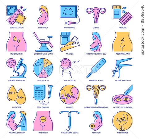 Gynecology and obstetrics icon set in colored line style 88068646