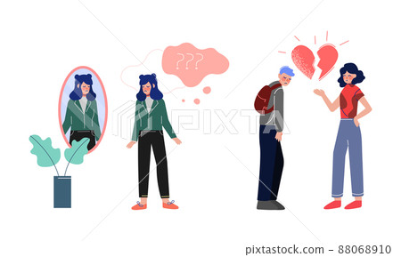 Stressed teenagers suffering from unrequited love and dysmorphic disorder. Teenage puberty problems vector illustration 88068910
