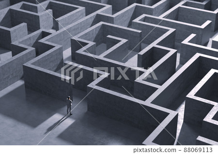 A huge maze and a standing businessman / Business challenges, endless trial and error, and an image of a difficult road 88069113