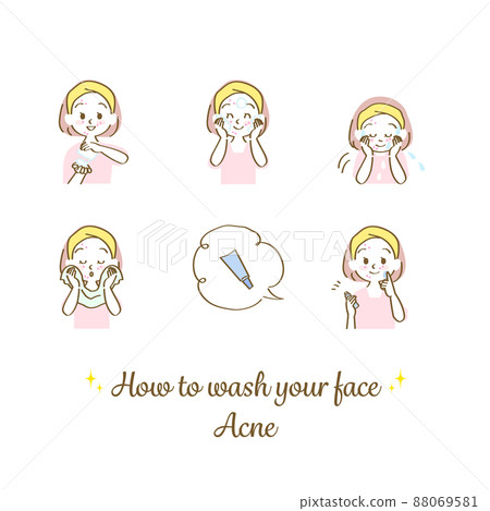 Illustration material: Female icon set explaining how to wash your face correctly (acne / hand-painted pastel / upper body) 88069581