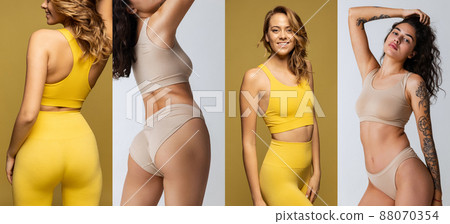 Collage. Portraits of young slim women with perfect body shape in yellow tracksuit and cotton underwear posing isolated over multicolored background 88070354