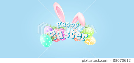 Easter greeting card with 3D bunny decorations with cute Easter eggs. vector illustration 88070612