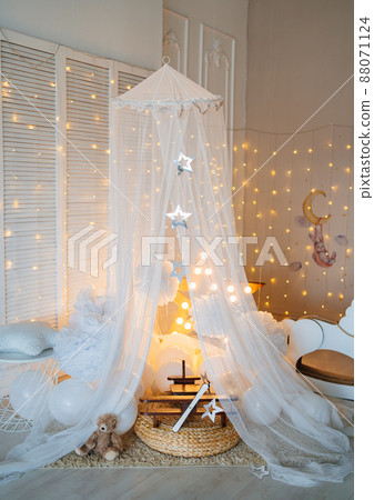 canopy made of transparent fabric. hand made wooden toys. children's room  88071124