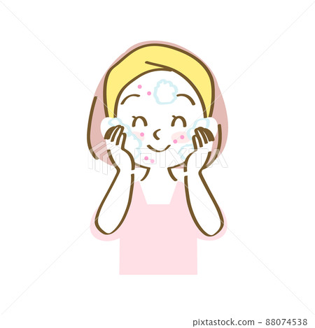Illustration material: Icon of a woman who gently removes dirt after foaming facial cleanser (acne / hand-drawn pastel / upper body) 88074538