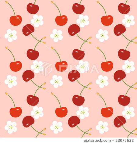 Seamless pattern with red cherries and white flowers on a pink background 88075628