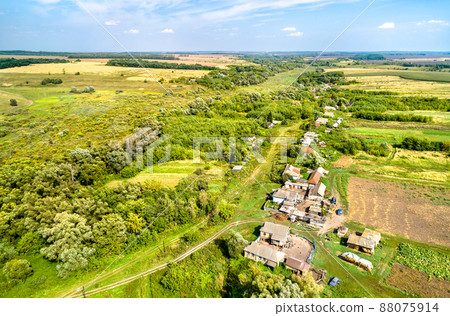 Aerial landscape of Russian Chernozemye. Lukyanchikovo village, Kursk region Aerial landscape of Russian Chernozemye. Lukyanchikovo village, Kursk region 88075914