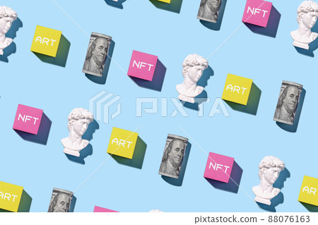 Pattern with bust of David, dollar statue and blockchain token. 88076163