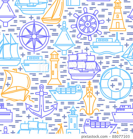 Sea seamless pattern with ship icons in line style Sea seamless pattern with ship icons in line style 88077103