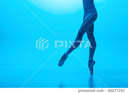 Close-up ballerina's legs in pointe shoes isolated on navy color studio background in neon. Art, motion, action, flexibility, inspiration concept. Close-up ballerina's legs in pointe shoes isolated on navy color studio background in neon. Art, motion, action, flexibility, inspiration concept. 88077287