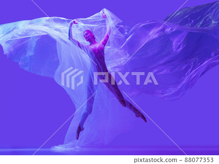 Portrait of beautiful flexible woman, ballerina dancing with cloth on purple studio background in neon. Fashion, style, art, beauty Portrait of beautiful flexible woman, ballerina dancing with cloth on purple studio background in neon. Fashion, style, art, beauty 88077353
