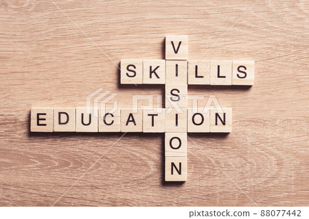 Conceptual keywords on wooden table with elements of game making crossword 88077442