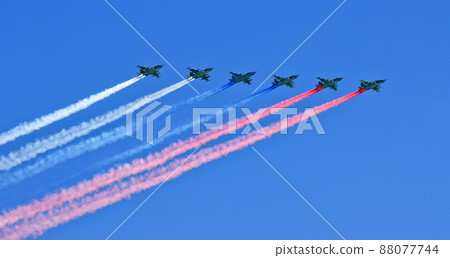 Russian military aircrafts fly in formation over Red Square during Victory Day parade, Moscow, Russia. 88077744