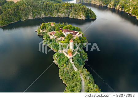 Panoramic view of Zvikov Castle on the hill surrounded by river Vltava and Otava in South Bohemia region in Czech Republic. 88078098
