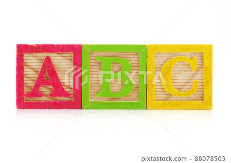 Front view of A B C wood blocks on white background with reflection Front view of A B C wood blocks on white background with reflection 88078503