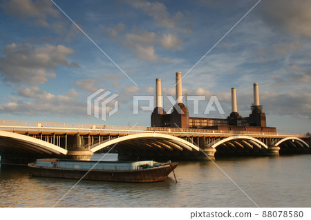 River Thames with barge Grosvenor Rail Bridge and Battersea Power Station 88078580
