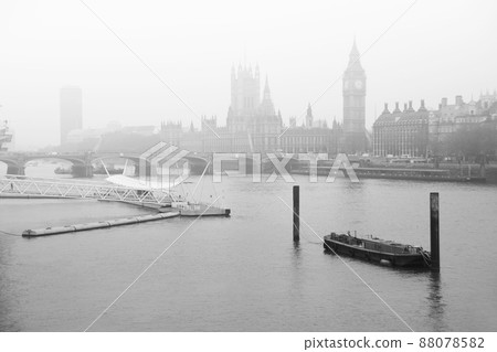 Black and white image of fog descending on the River Thames with Parliament 88078582