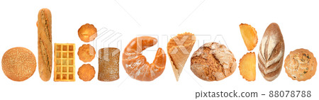 Fresh baked goods in row isolated on white 88078788