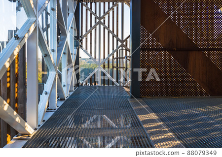 Steel construction with stainless metal railing and fall protection 88079349