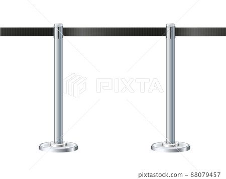 Retractable belt rack. Portable tape barrier. Black tape for fencing on silver supports. 88079457