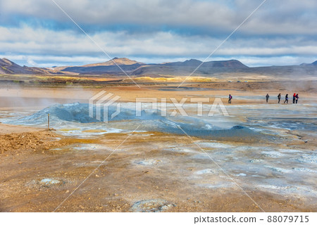 Fumarole field in Namafjall geothermal zone Iceland. Famous tourist attraction 88079715