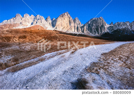 Beautiful winter scenery landscape and snow frosted mountain in Italy . Beautiful winter scenery landscape and snow frosted mountain in Italy . 88080009