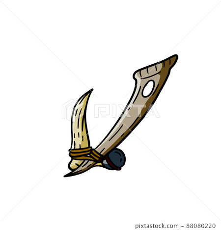 Fish hook made of bone and fang. Tool of primitive man of Stone Age. Old tool for fishing and hunting. Cartoon outline illustration Fish hook made of bone and fang. Tool of primitive man of Stone Age. Old tool for fishing and hunting. Cartoon outline illustration 88080220